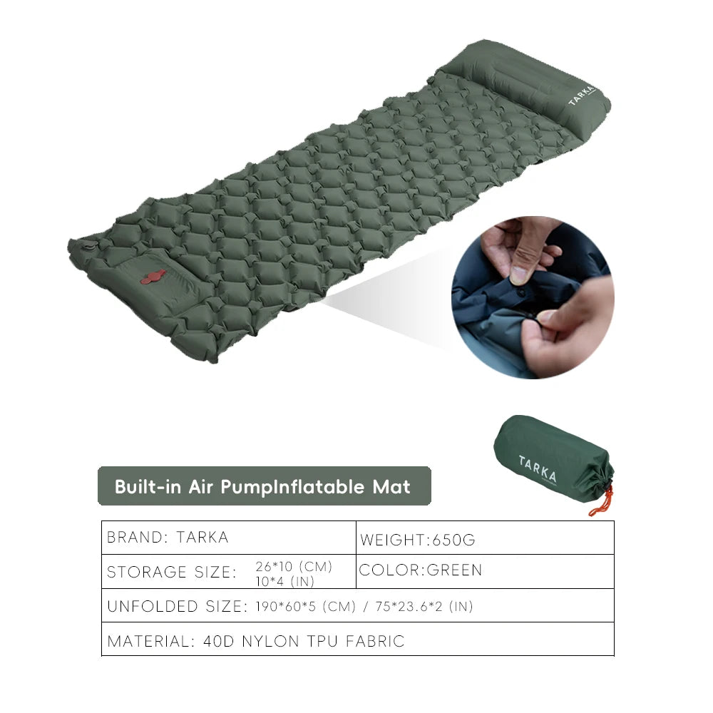 Inflatable Camping Sleeping Pad - Pillow Mat for Outdoor Trips - Army Green
