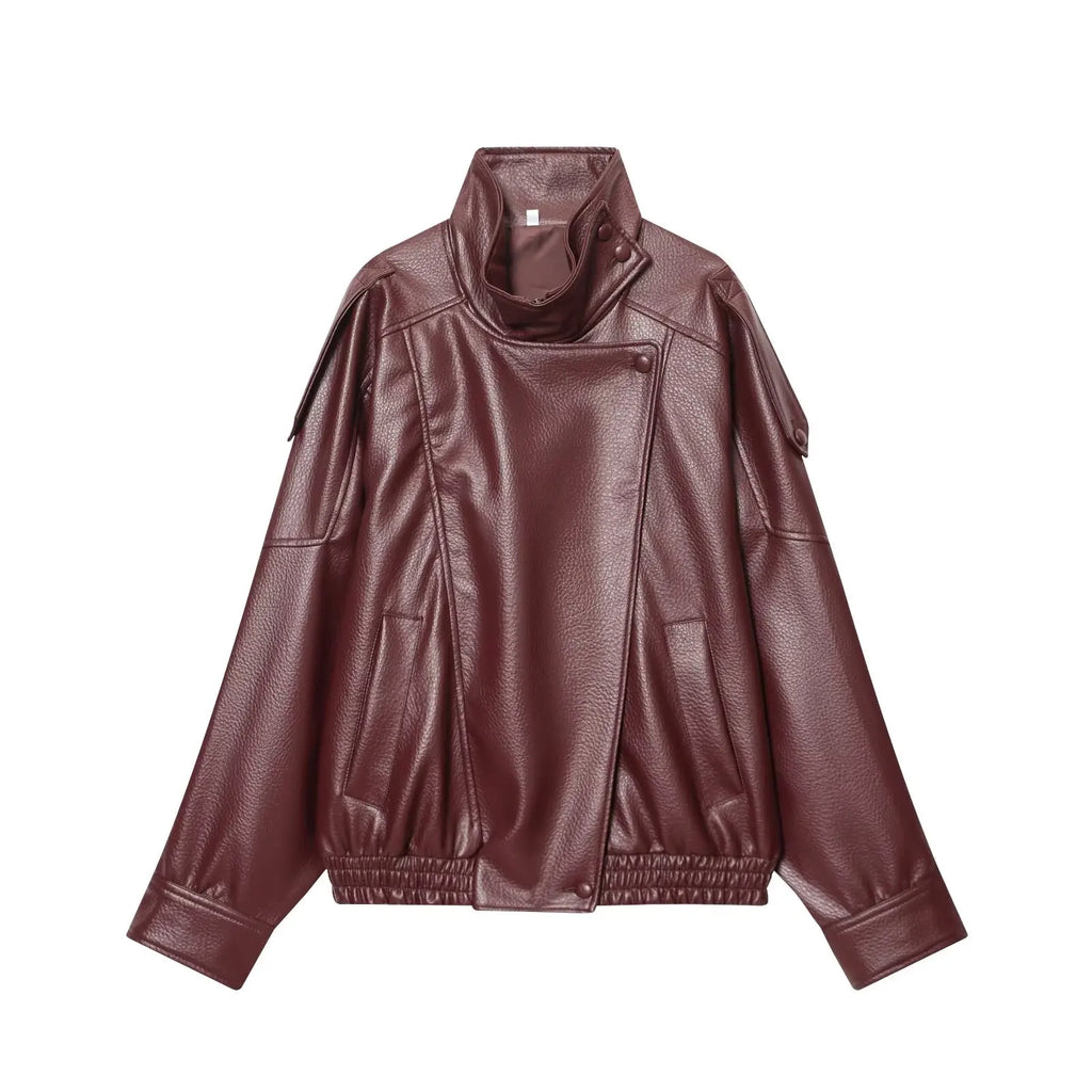 Women's Faux Leather Jacket - Stand Collar Zipper Coat - Burgundy