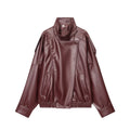 Women's Faux Leather Jacket - Stand Collar Zipper Coat - Burgundy