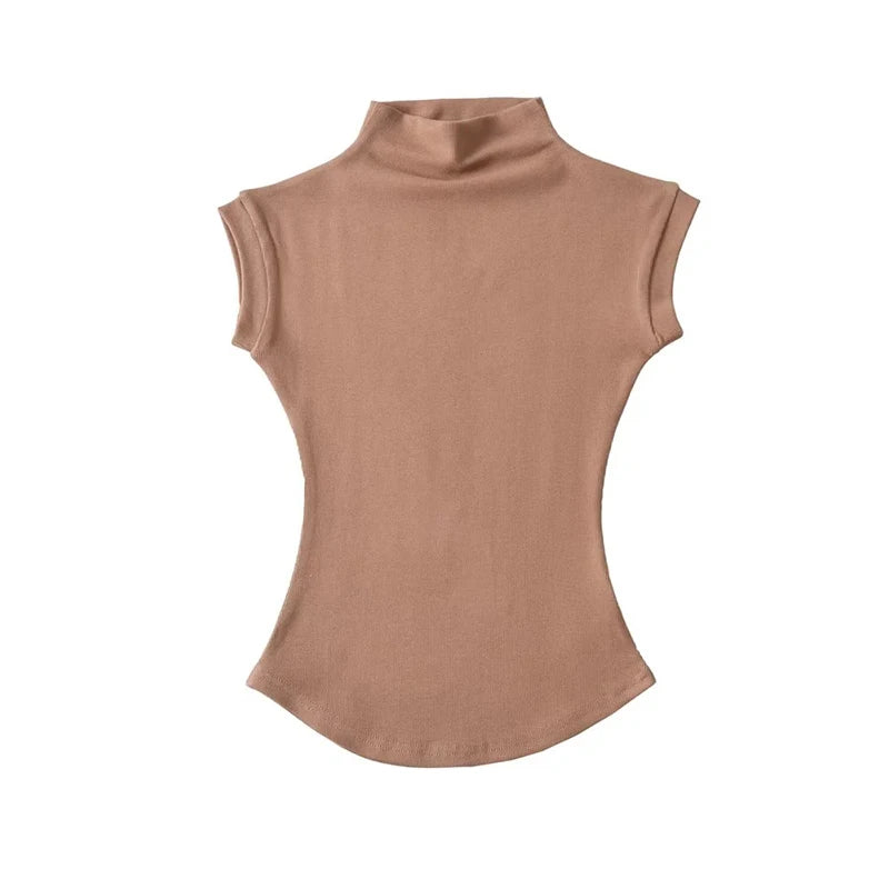 Sleeveless Turtleneck Top - Slim Fit Summer Tee - Coffee