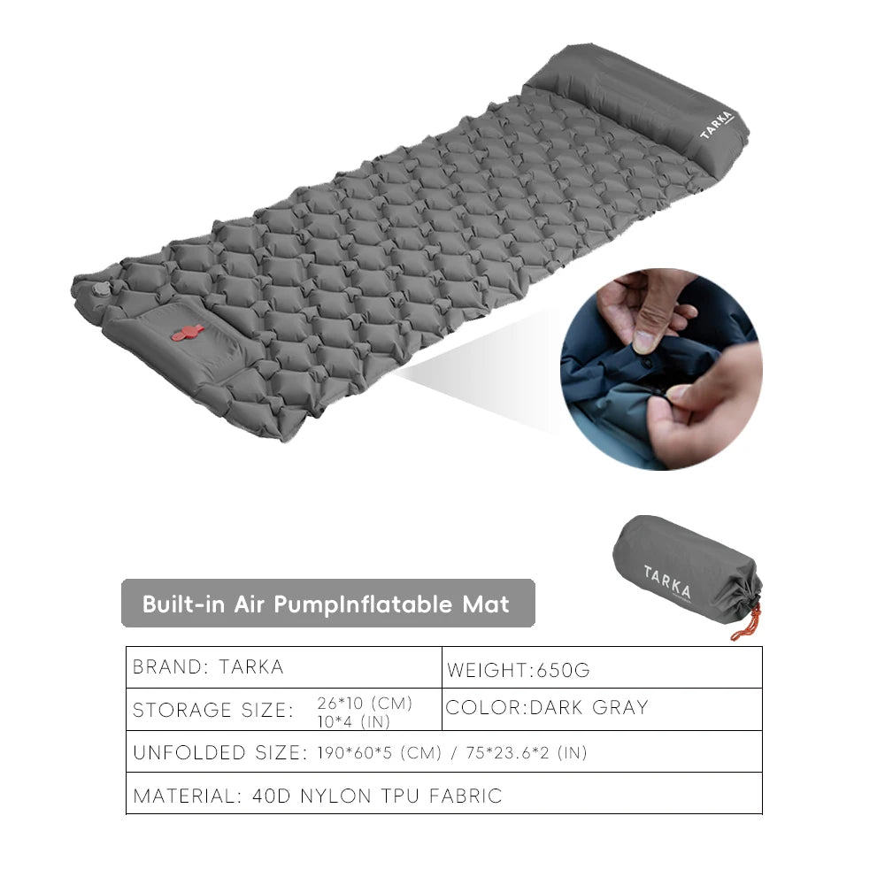 Inflatable Camping Sleeping Pad - Pillow Mat for Outdoor Trips - Dark Gray