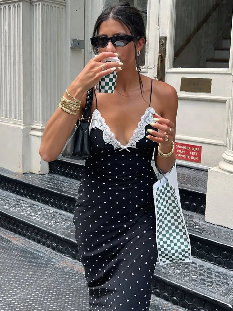 Women's Lace Patchwork Maxi Dress - V-Neck Sleeveless Style