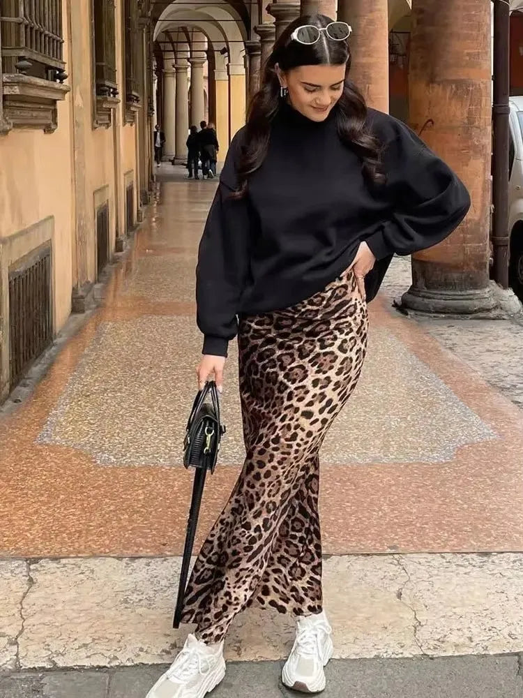 Women's Leopard Midi Skirt - High Waist A-Line Style