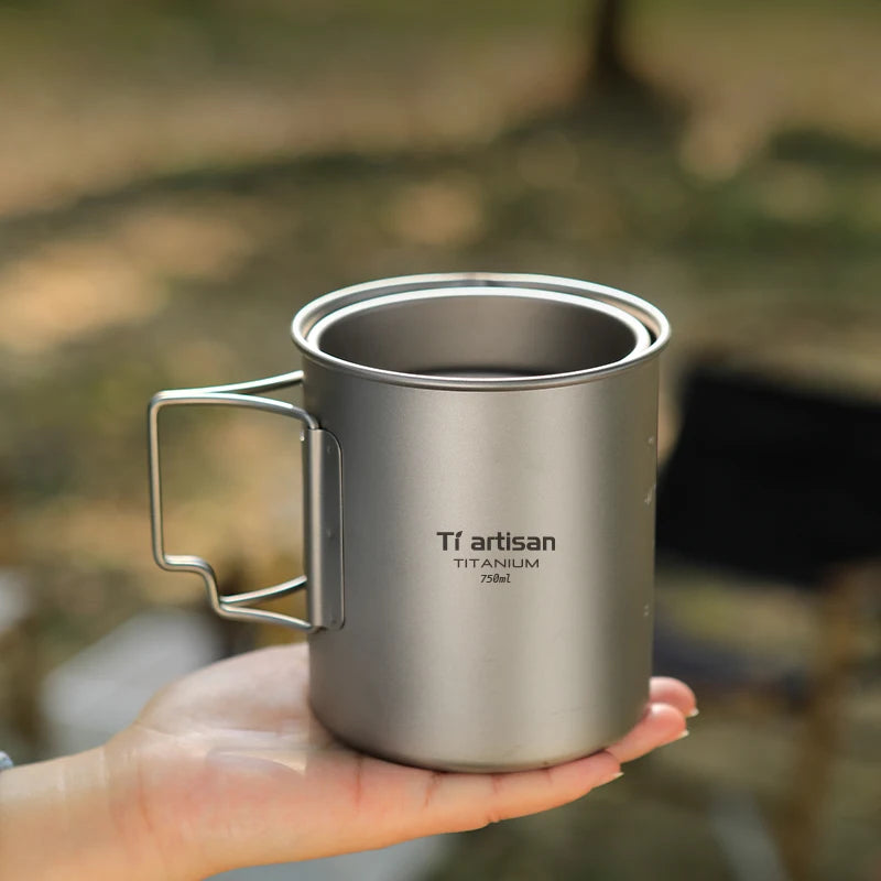 Titanium Camping Cup - Folding Handle Outdoor Drink Mug