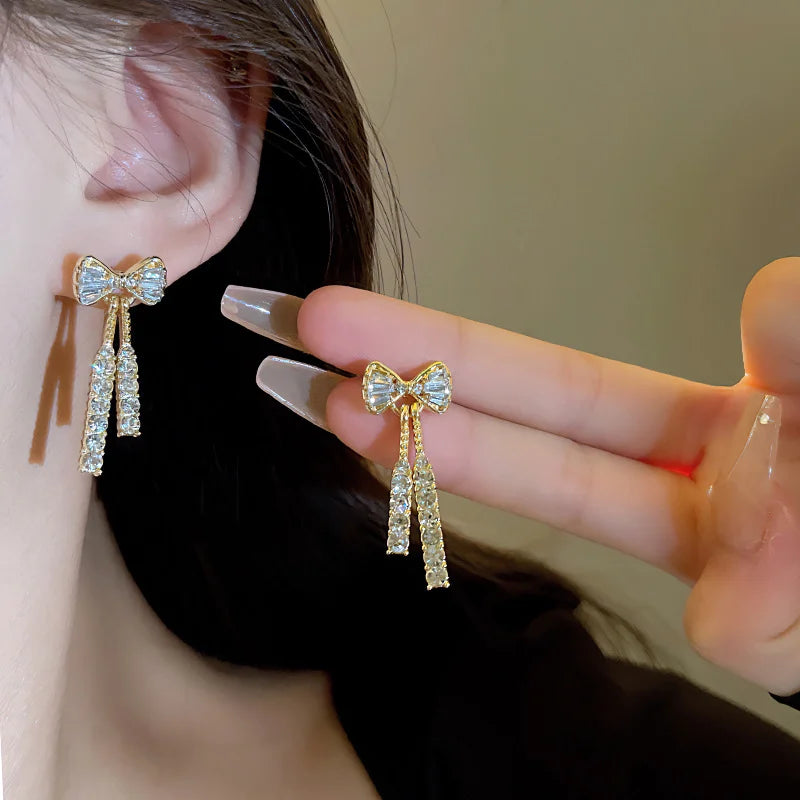 Bow Stud Earrings - Gold-Color Rhinestone Fashion Jewelry