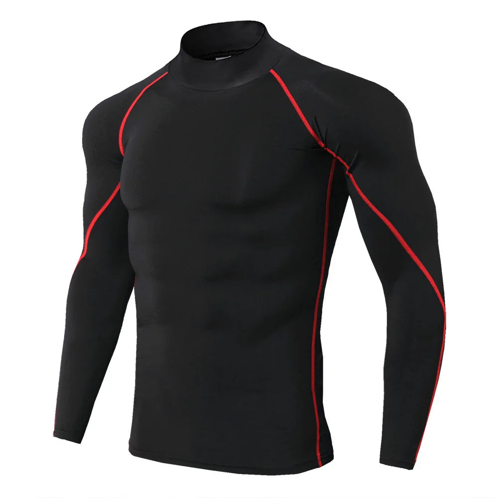 Men's Compression Workout Shirt - Long Sleeve Athletic Top - Blackred Line