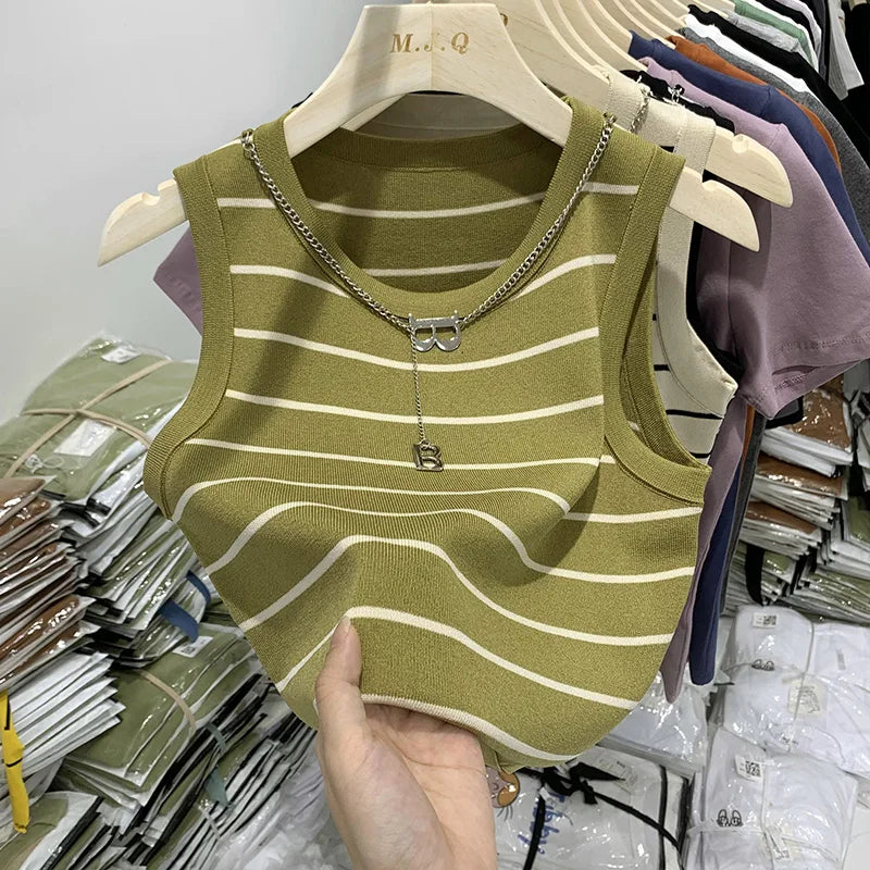 Women's Knit Sweater Vest - Sleeveless Striped Summer Top - Green Stripe