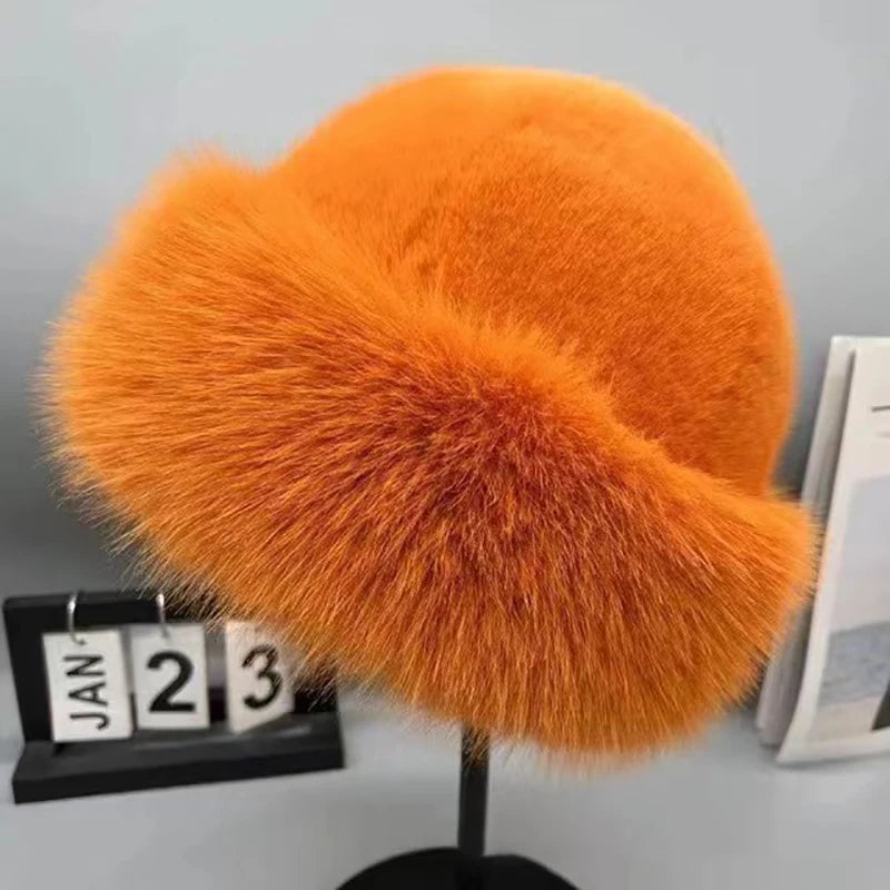 Women's Plush Winter Beanie - Faux Fur Cold Weather Hat - Orange