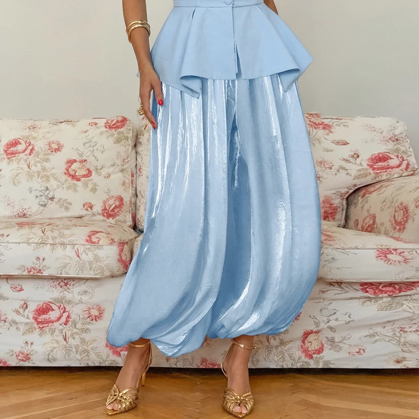 Pleated Wide-Leg Trousers - High Waist Loose Pants - Blue