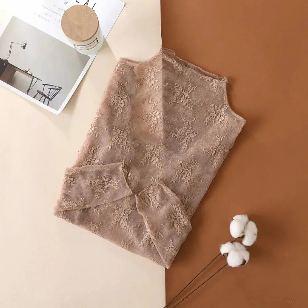 Women's Mesh Lace Top - Long Sleeve Sheer Blouse - Dark Khaki