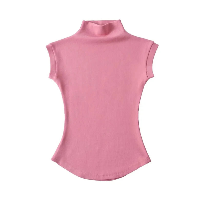 Sleeveless Turtleneck Top - Slim Fit Summer Tee - Pink