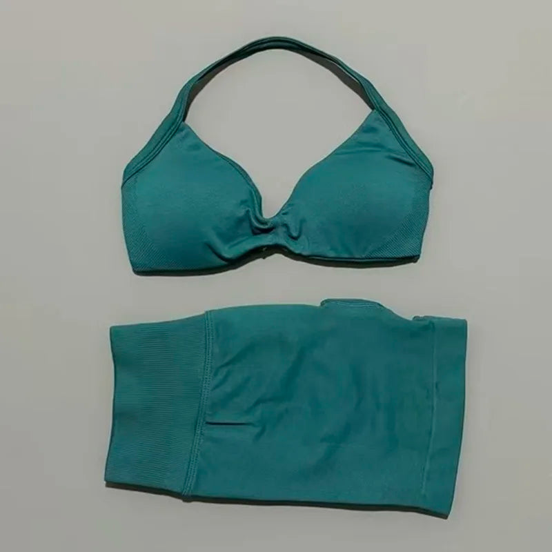 Women's Two-Piece Workout Set - Sports Bra and Shorts - Pine Green