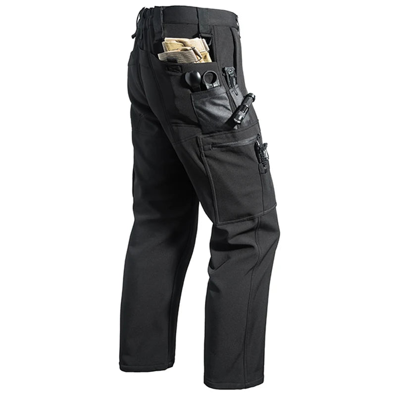 Men's Fleece Cargo Hiking Pants - Outdoor Softshell Trousers - Black Pant Thick Jkc