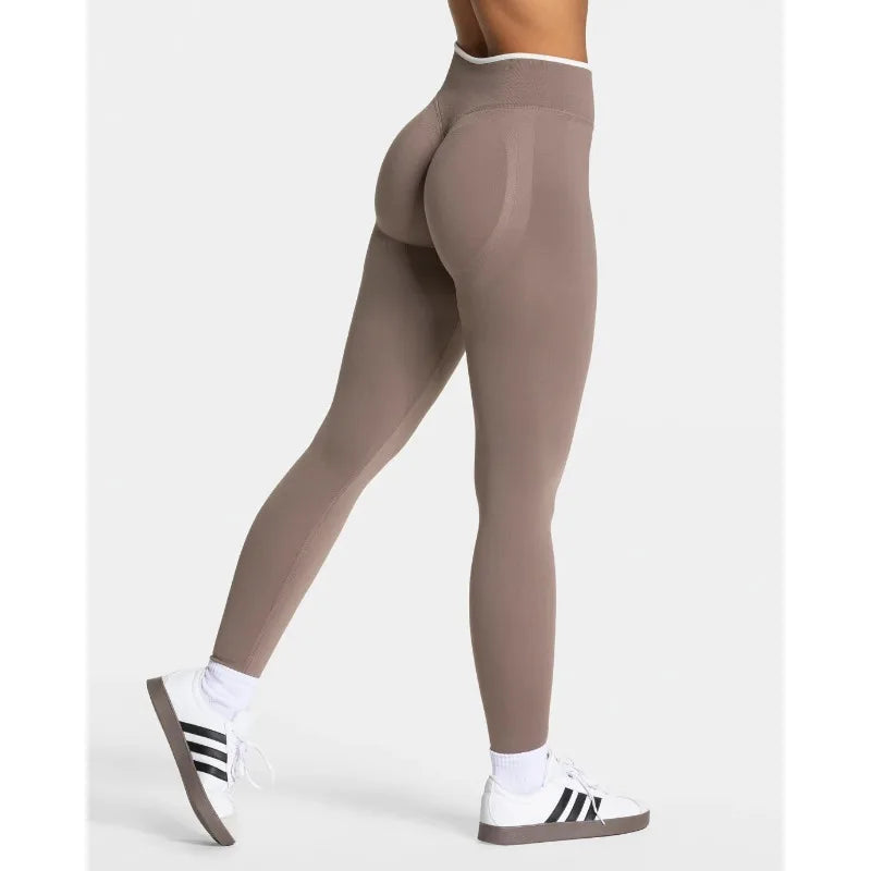 Women's Colorblock Yoga Leggings - High Waist Workout Tights - Light Coffee