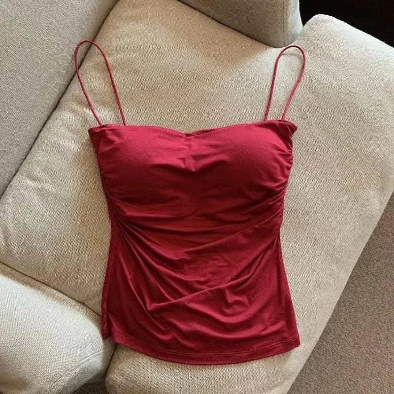 Women's Halter Tank Top - Built-In Bra Casual Cami - Red
