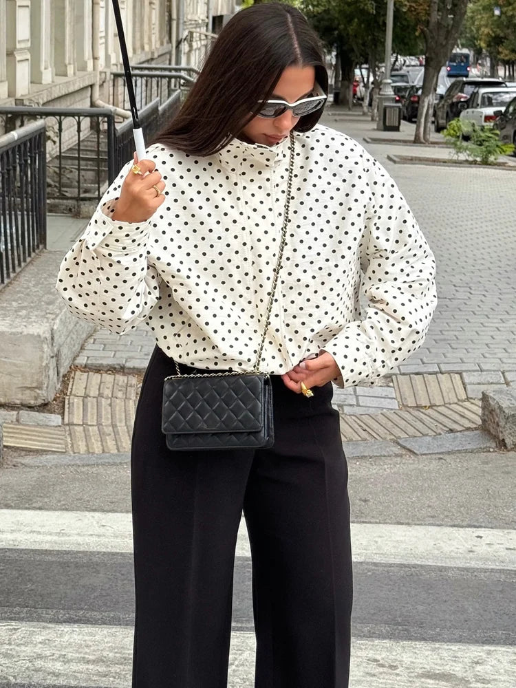 Women's Polka Dot Zip Jacket - Drawstring Casual Outerwear
