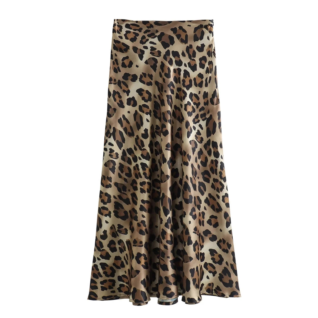 Women's Leopard Midi Skirt - High Waist A-Line Style