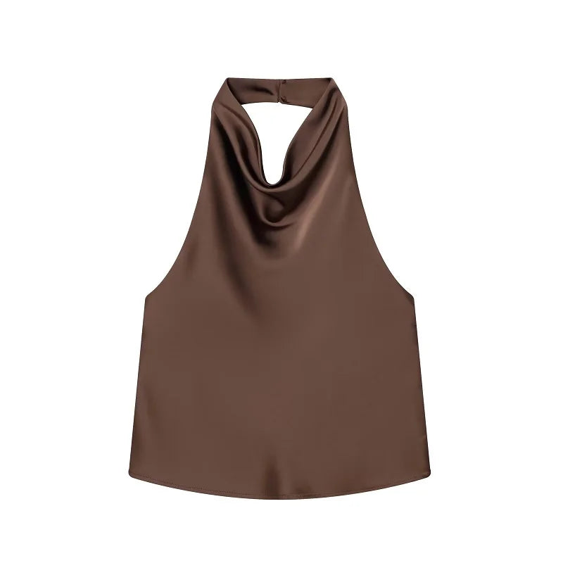 Women's Satin Halter Top - Backless Summer Camisole - Brown