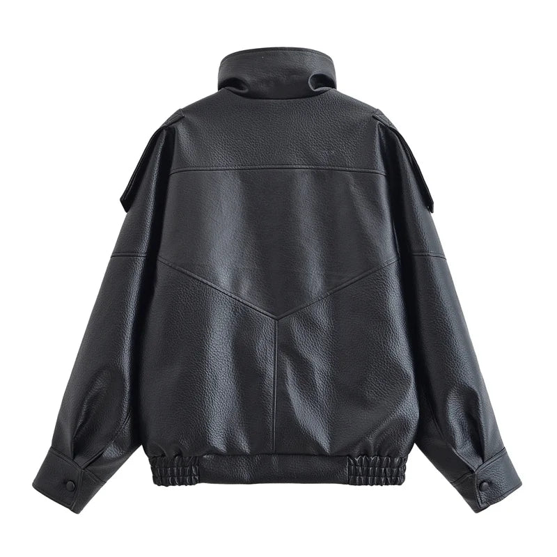 Women's Faux Leather Jacket - Zipper Front Fall Outerwear