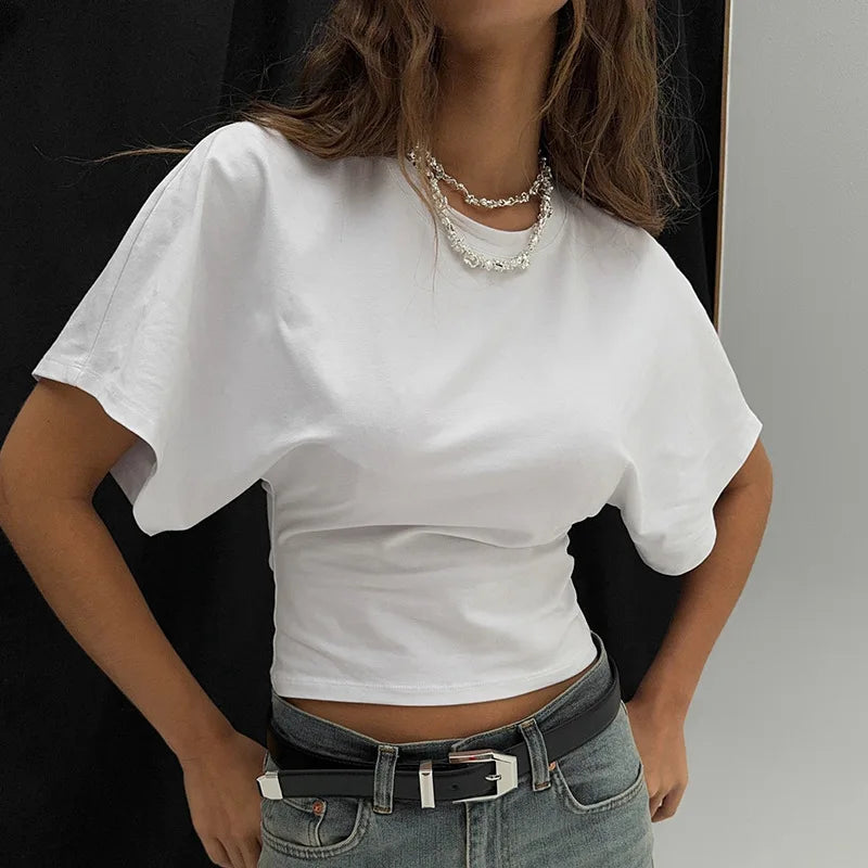 Cotton Cropped T-Shirt - Short Sleeve Crew Neck Top