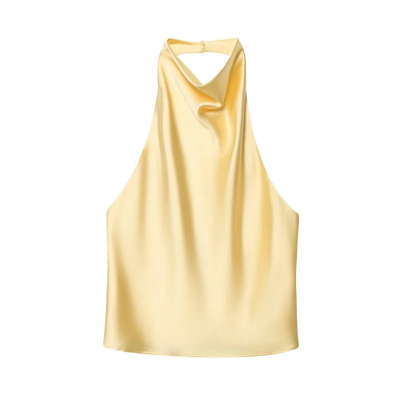Women's Satin Halter Top - Backless Summer Camisole - Yellow