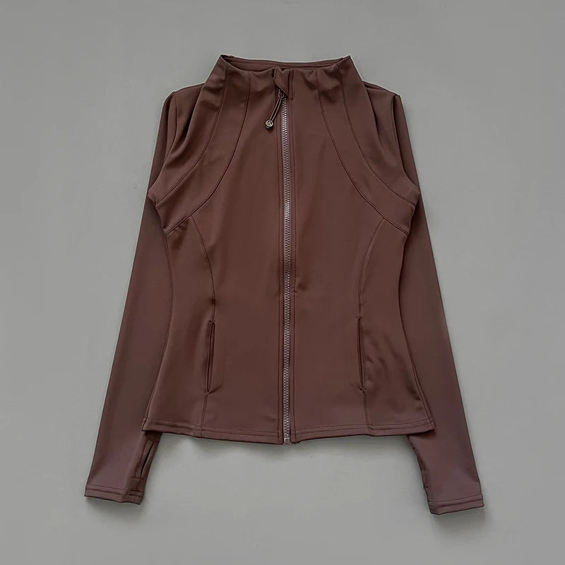 Women's Fitness Jacket - Stand Collar Zip Sports Top - Camel