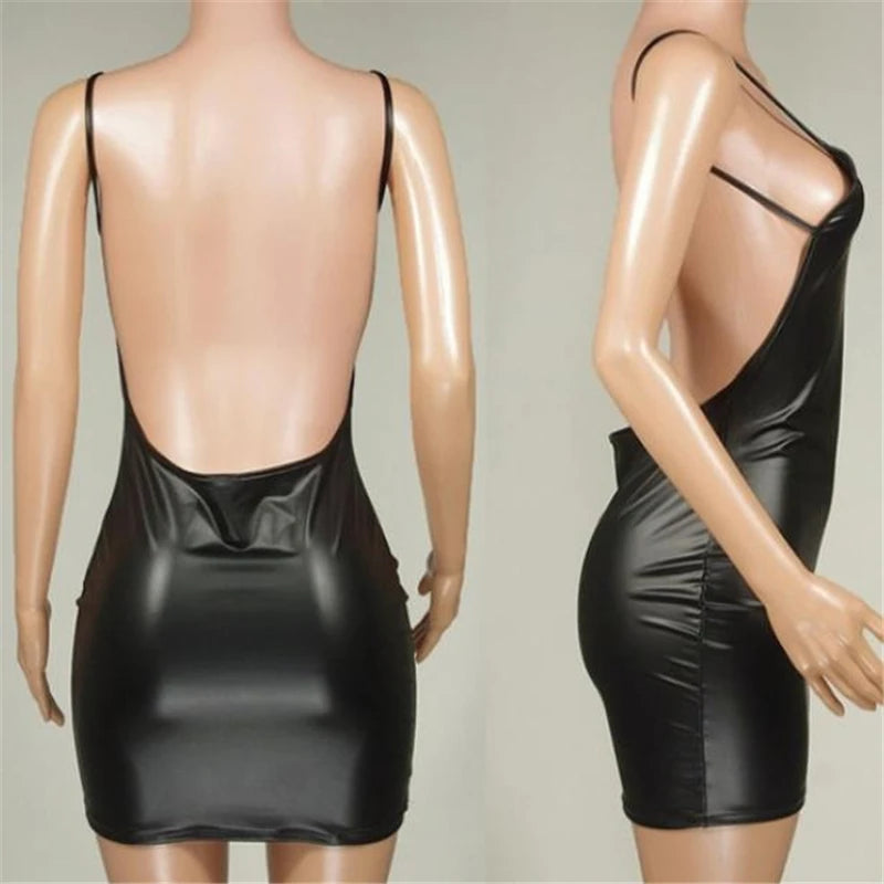 Women's Faux Leather Mini Dress - Sleeveless V-Neck Party Style