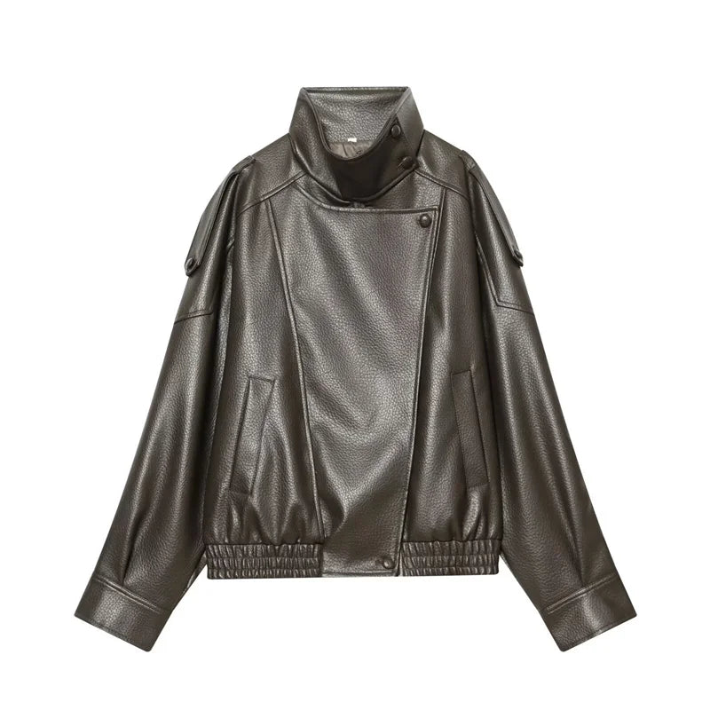 Women's Faux Leather Jacket - Zipper Front Fall Outerwear - Army Green