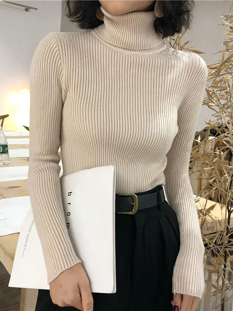 Women's Turtleneck Sweater - Long Sleeve Pullover Knit Top - Beige