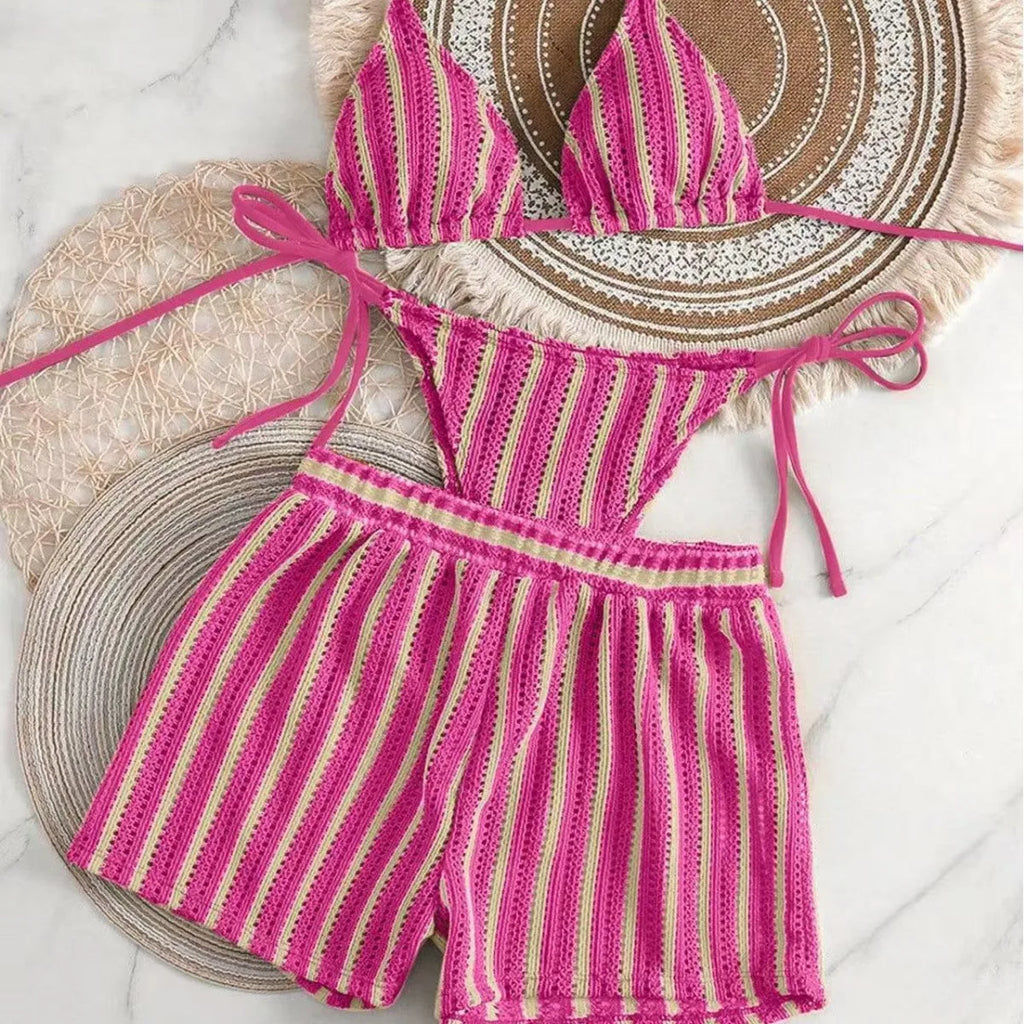 Women's Three-Piece Bikini Set - Lace-Up Mesh Swimwear