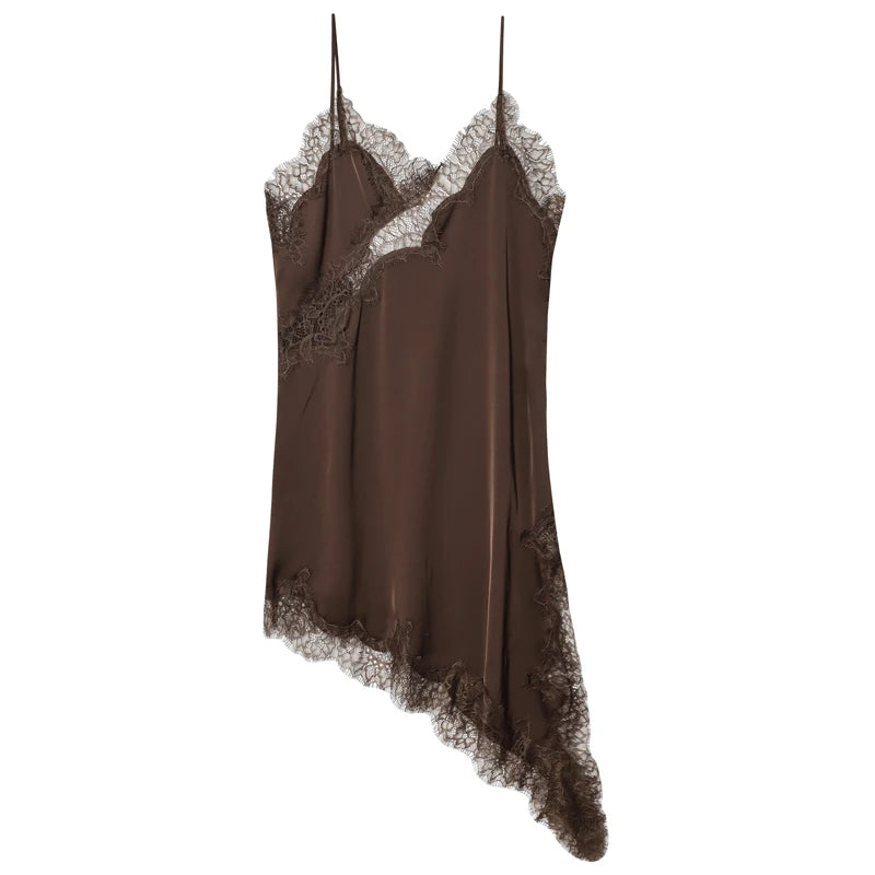 Women's Lace Asymmetric Dress - Sleeveless Slip Dress - Dark Brown