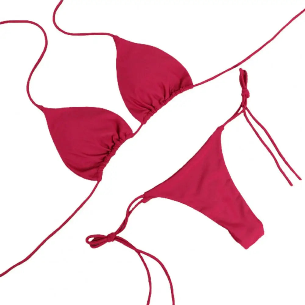 Women's Solid Halter Bikini Set - Two-Piece Swimwear - Wine Red