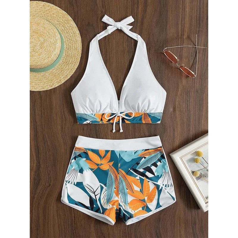 Women's Halter Bikini Set - High-Waist Printed Swimwear