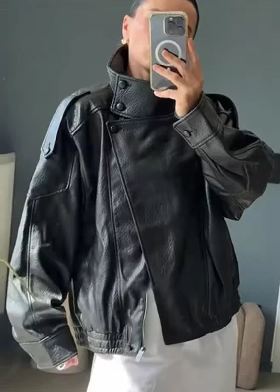 Women's Faux Leather Jacket - Zipper Front Fall Outerwear