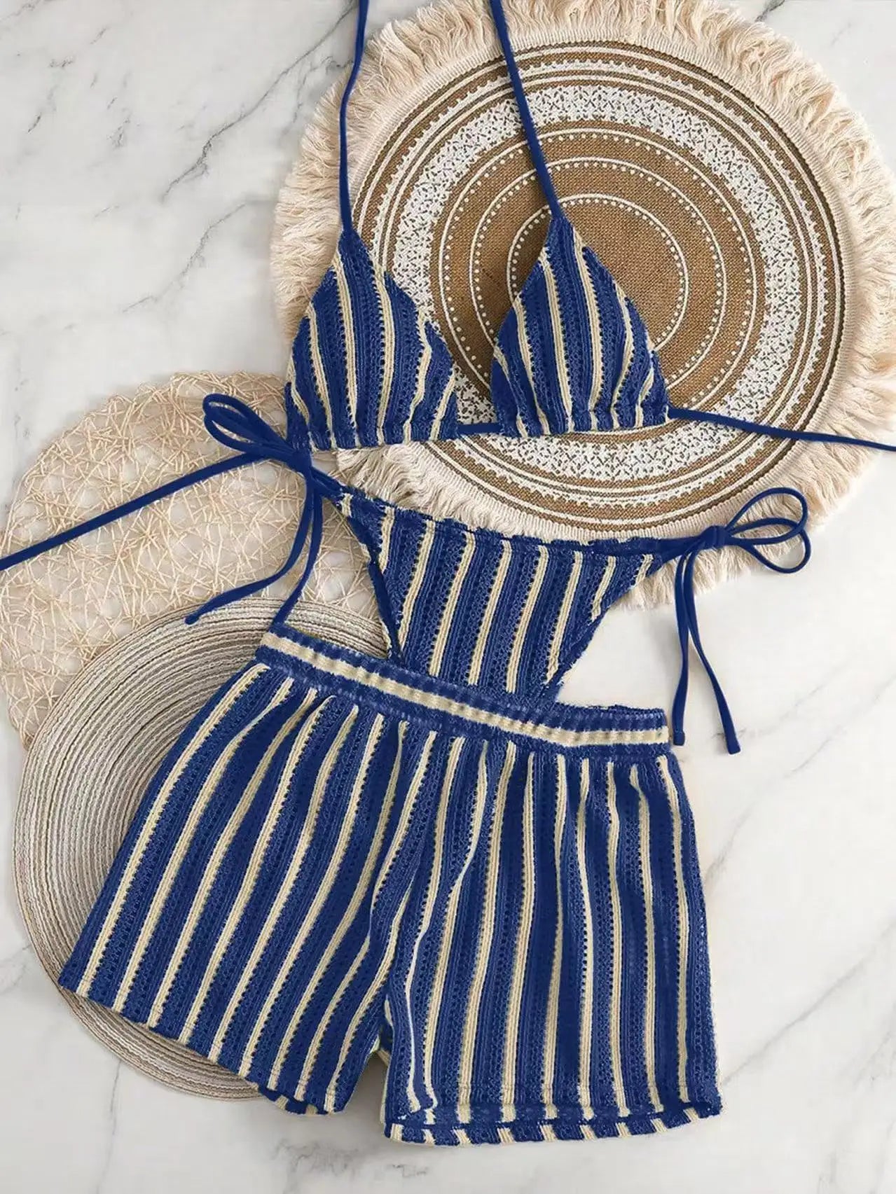 Women's Three-Piece Bikini Set - Lace-Up Mesh Swimwear - Blue