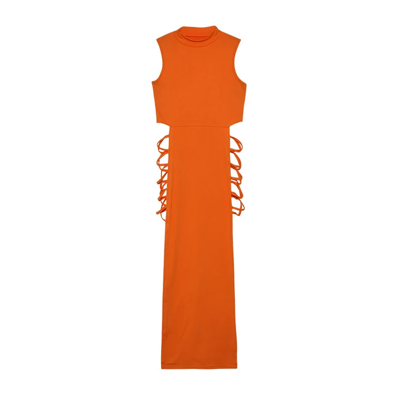 Women's Lace-Up A-Line Dress - Sleeveless Summer Strap Style - Orange