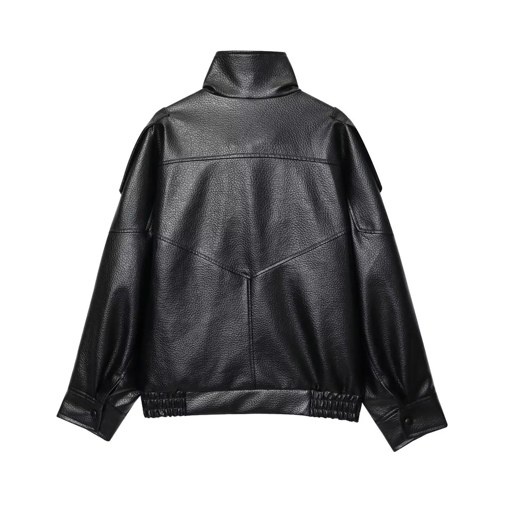 Women's Faux Leather Jacket - Stand Collar Zipper Coat