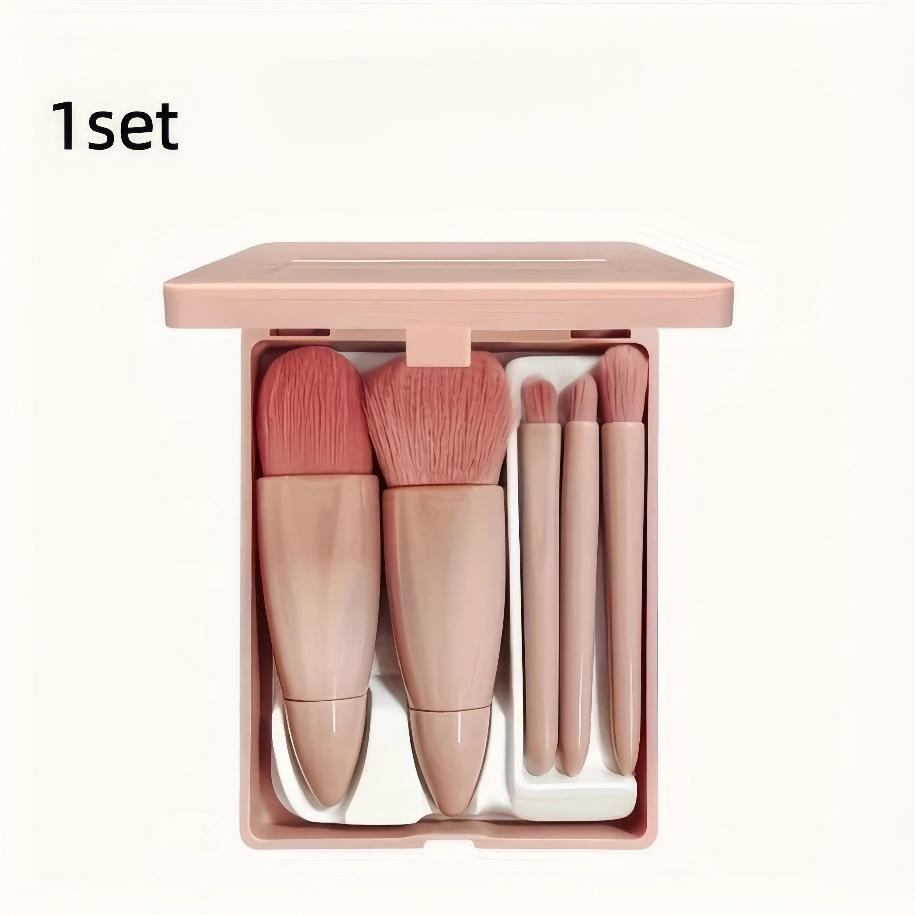 Compact Makeup Brush Kit - 5-Piece Set With Mirror