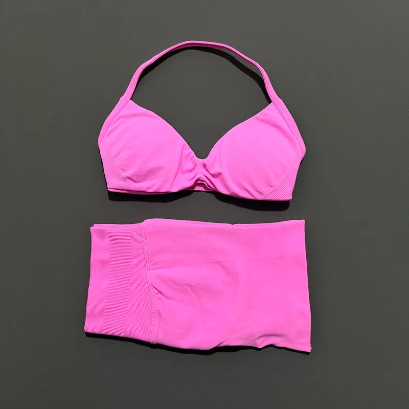 Women's Two-Piece Workout Set - Sports Bra and Shorts - Blossom Pink