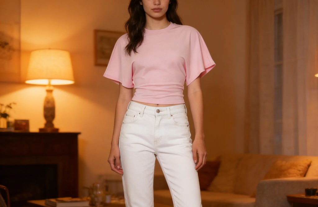 Cotton Cropped T-Shirt - Short Sleeve Crew Neck Top