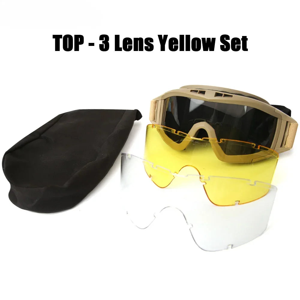 Airsoft Goggles - 3-Lens Eyewear Set for Outdoor Gear - 3 Lens Khaki