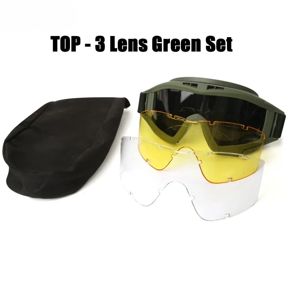 Airsoft Goggles - 3-Lens Eyewear Set for Outdoor Gear - 3 Lens Green