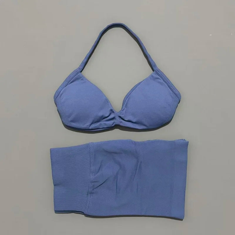Women's Two-Piece Workout Set - Sports Bra and Shorts - Blue Gray