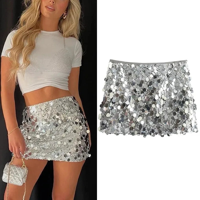 Silver Sequin Mini Skirt - High Waist Glitter Short Skirt