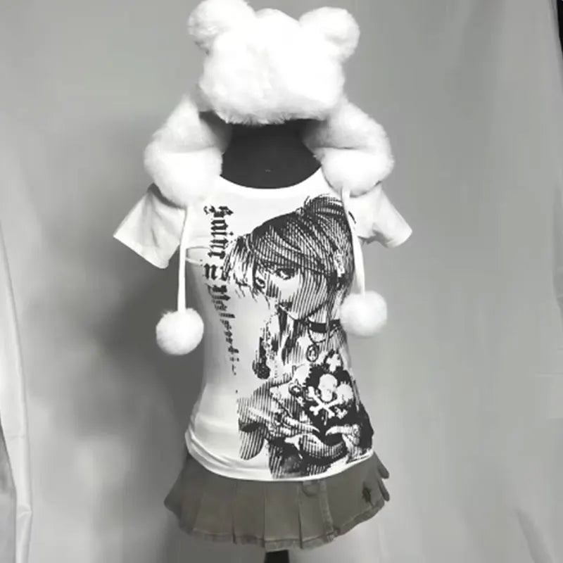 Y2K Graphic Crop T-Shirt - O-Neck Printed Casual Tee