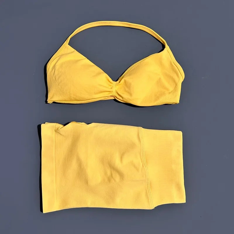 Women's Two-Piece Workout Set - Sports Bra and Shorts - Yellow