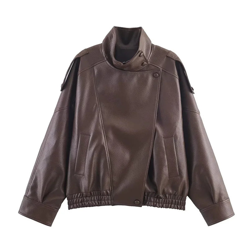 Women's Faux Leather Jacket - Zipper Front Fall Outerwear - Brown