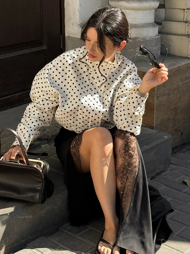 Women's Polka Dot Zip Jacket - Drawstring Casual Outerwear