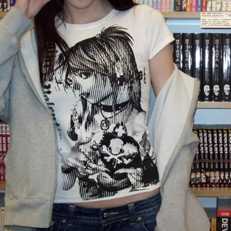 Y2K Graphic Crop T-Shirt - O-Neck Printed Casual Tee