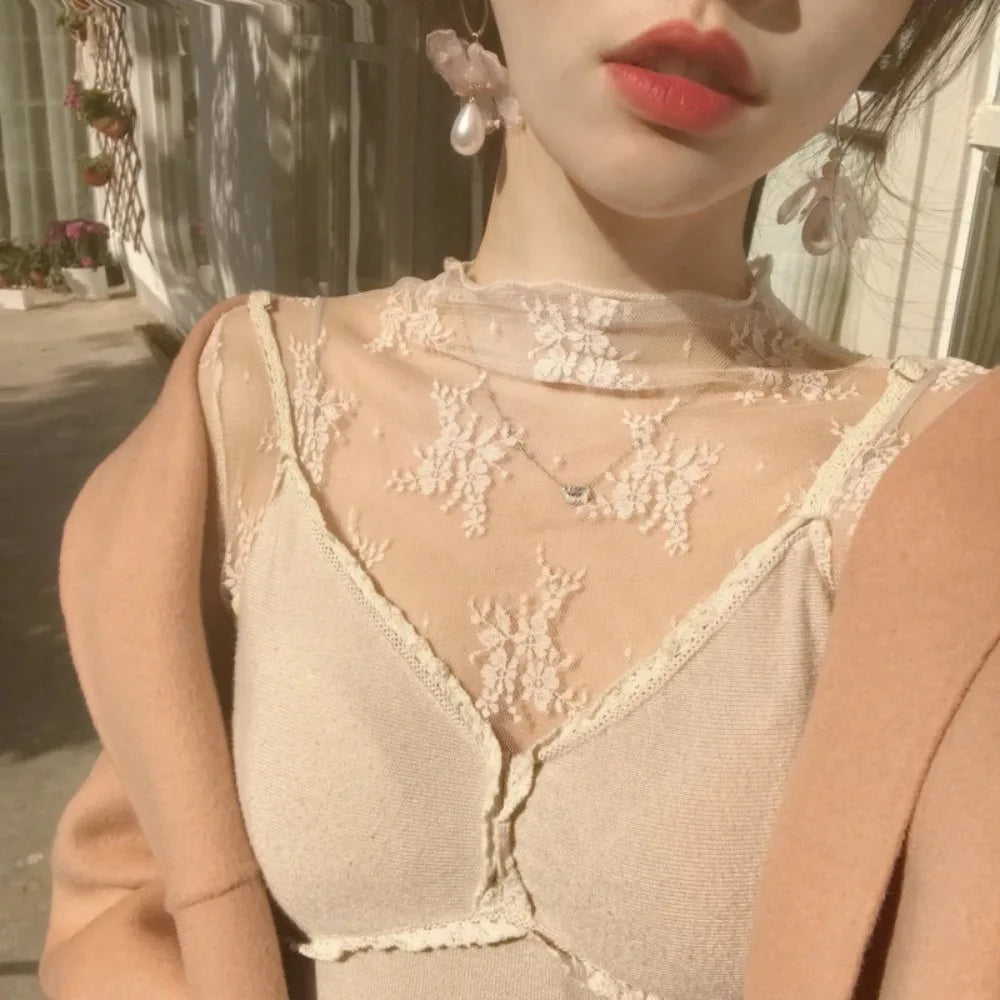 Women's Mesh Lace Top - Long Sleeve Sheer Blouse